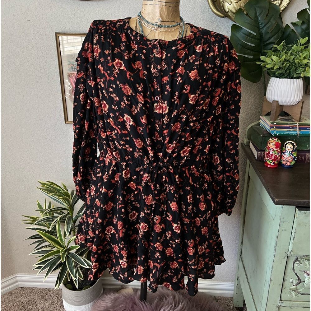 Free People Black Orange Tie‎ Waist Floral Oversized Boho Mini Dress Sz S As Is